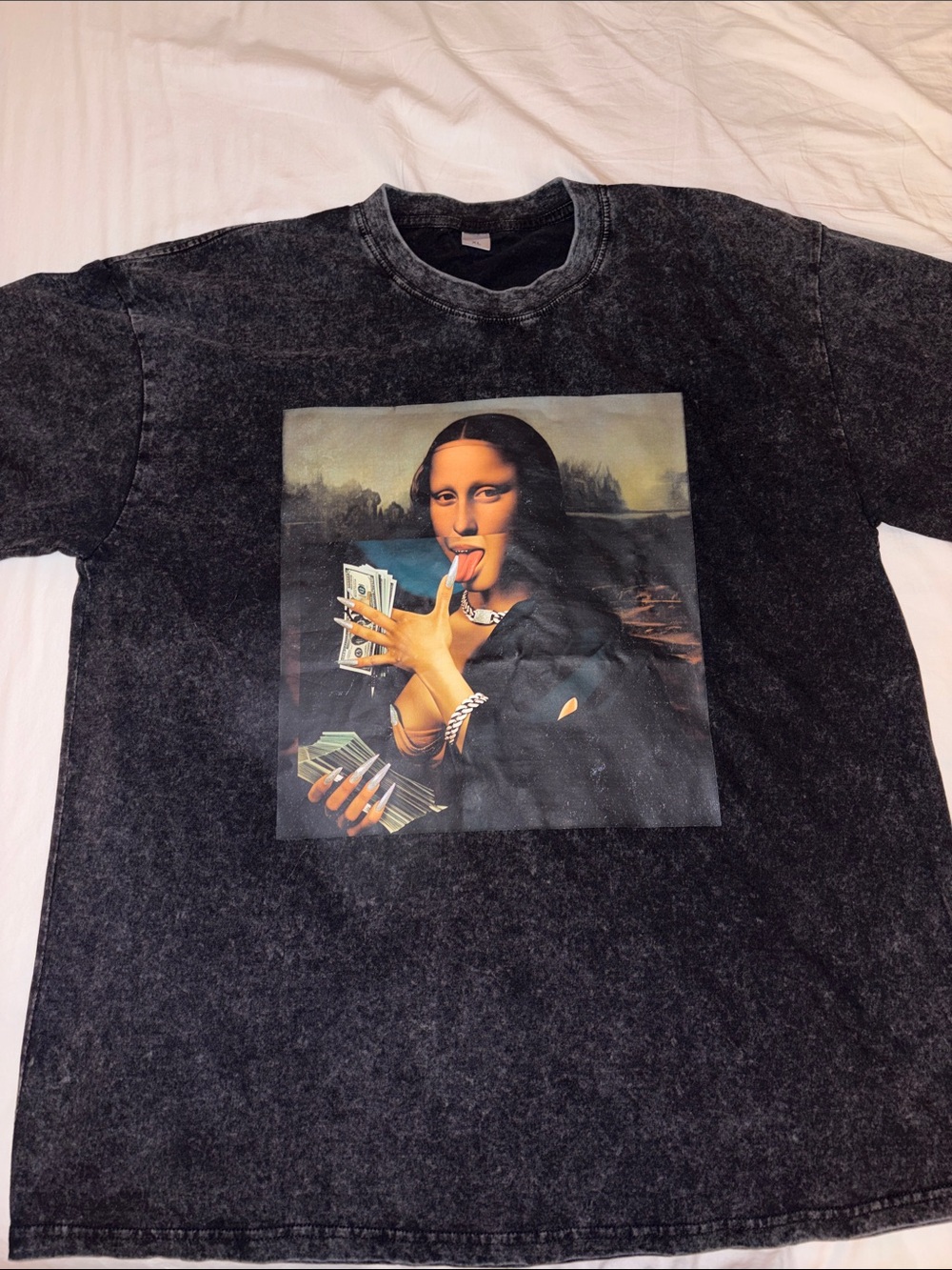 Black Graphic Mona Lisa Money Print T‑Shirt